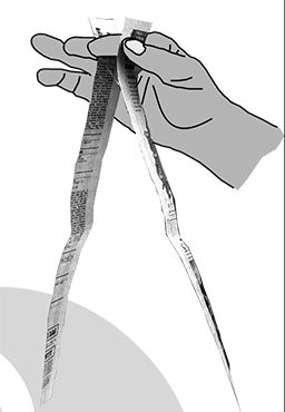 En hand som håller i remsor med tidningspapper, illustration.