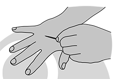 En hand sticker i en annan hand med en spik, illustration.