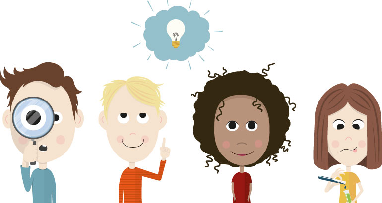 Tre barn som experimenterar och funderar, illustration.