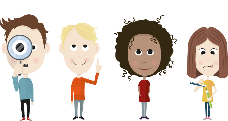 Tre barn som experimenterar och funderar, illustration.